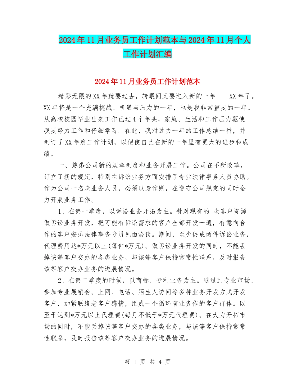 2024年11月业务员工作计划范本与2024年11月个人工作计划汇编_第1页