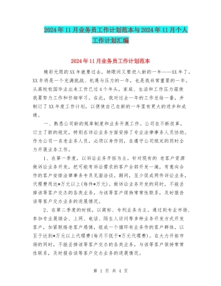 2024年11月业务员工作计划范本与2024年11月个人工作计划汇编