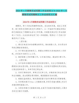 2024年4月销售员试用期工作总结范文与2024年4月销售员试用期转正工作总结范文汇编