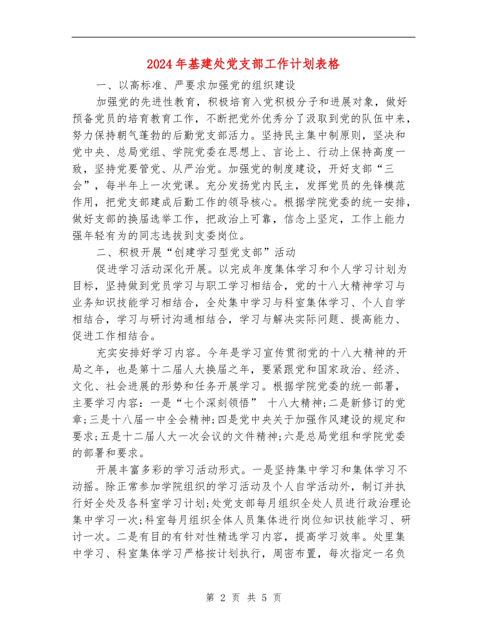 2024年基建处党支部工作计划表格_第2页