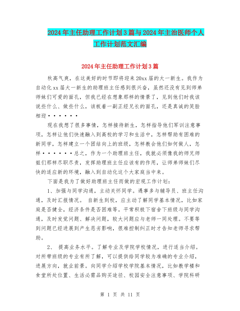 2024年主任助理工作计划3篇与2024年主治医师个人工作计划范文汇编_第1页
