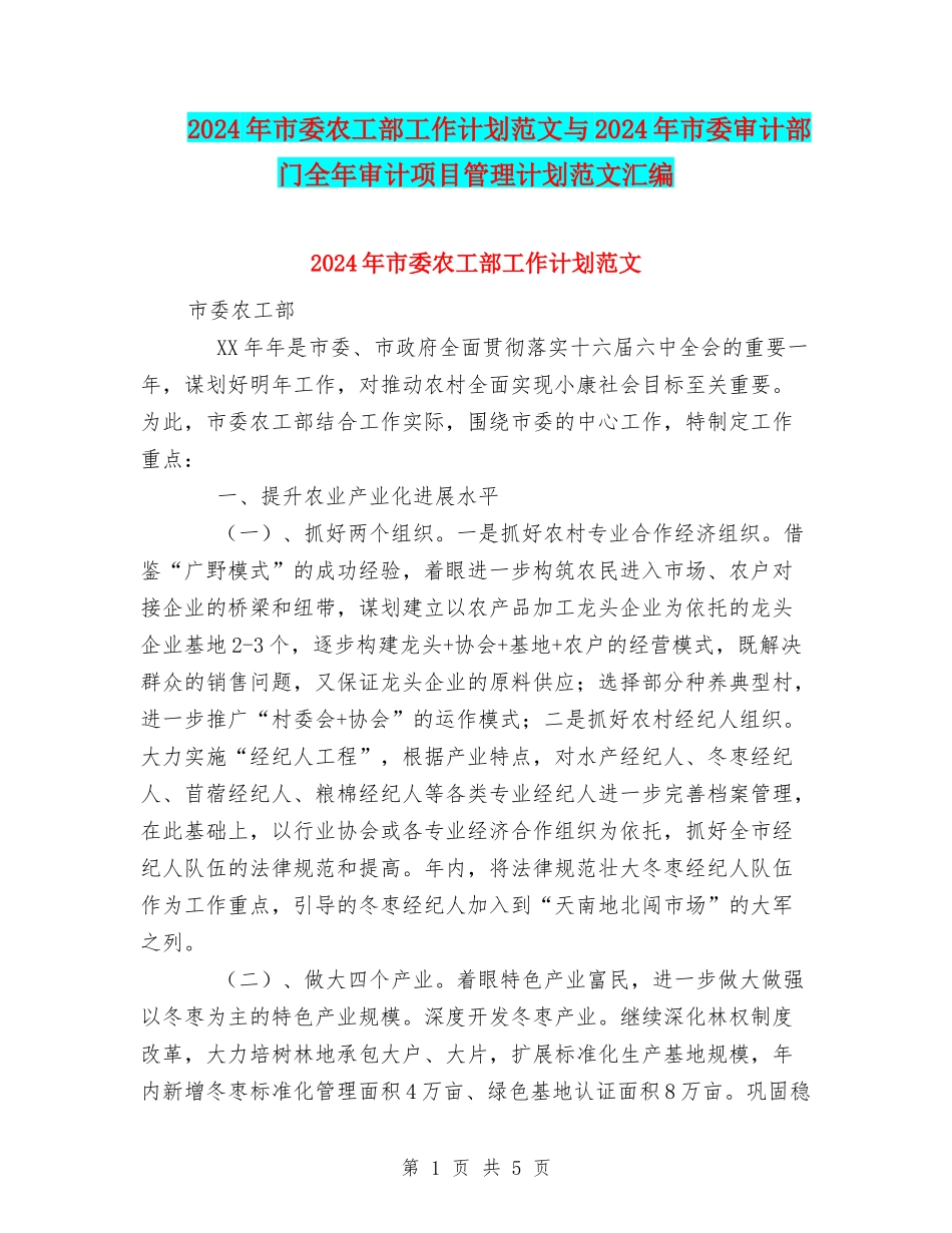 2024年市委农工部工作计划范文与2024年市委审计部门全年审计项目管理计划范文汇编.doc_第1页