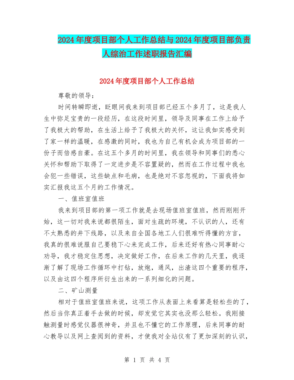 2024年度项目部个人工作总结与2024年度项目部负责人综治工作述职报告汇编_第1页