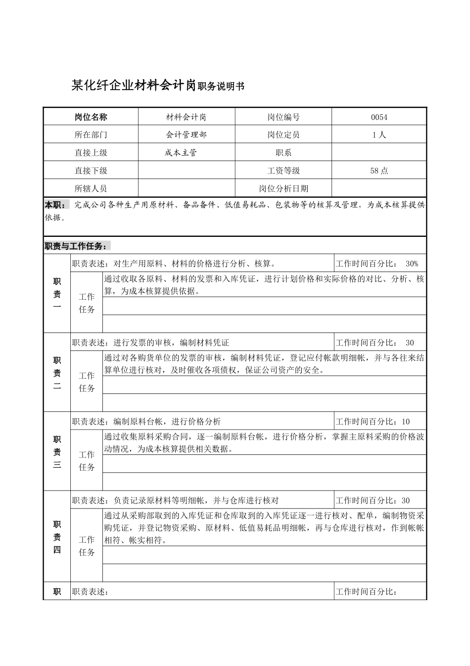 某化纤企业材料会计岗职务说明书_第1页