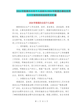 2024年街道办主任个人总结与2024年街道办事处世界人口日宣传活动总结范文汇编
