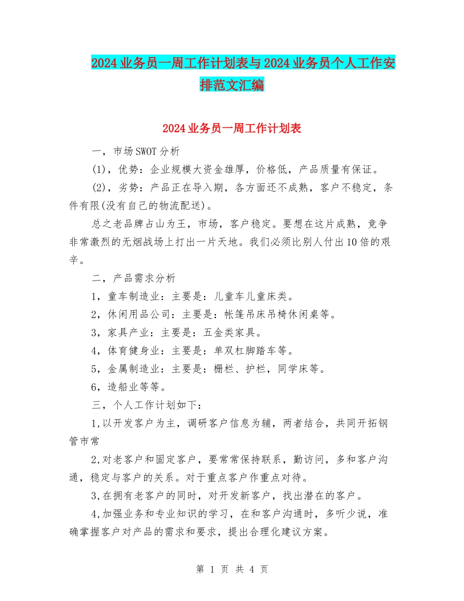 2024业务员一周工作计划表与2024业务员个人工作安排范文汇编_第1页