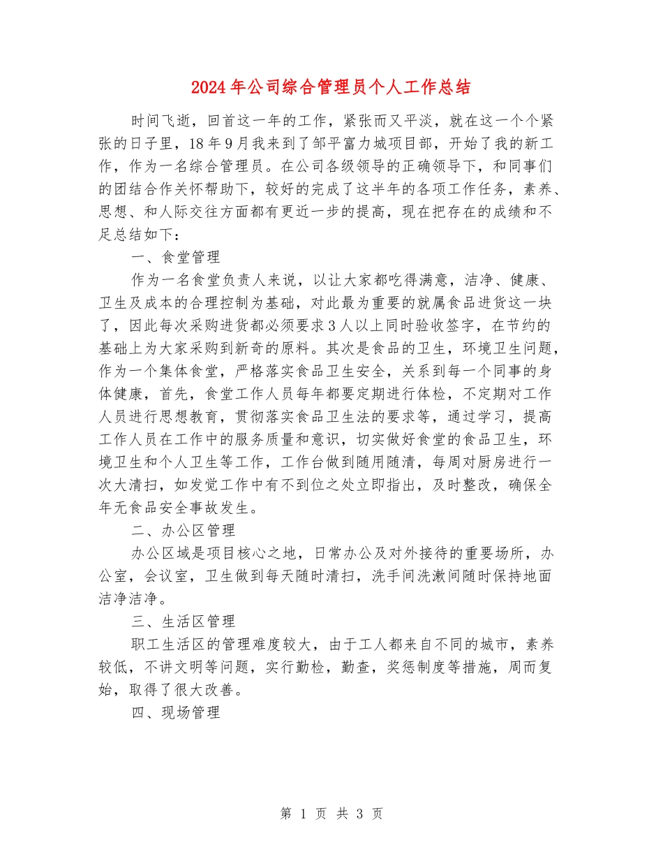 2024年公司综合管理员个人工作总结_第1页