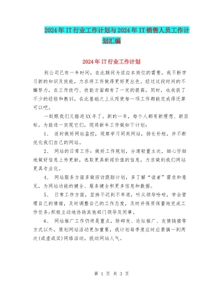2024年IT行业工作计划与2024年IT销售人员工作计划汇编
