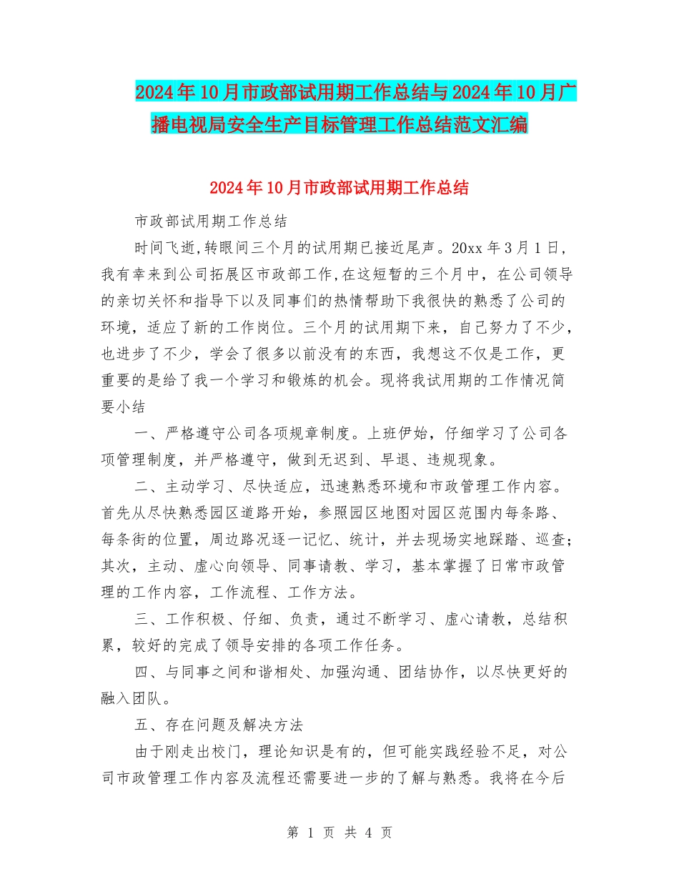 2024年10月市政部试用期工作总结与2024年10月广播电视局安全生产目标管理工作总结范文汇编_第1页
