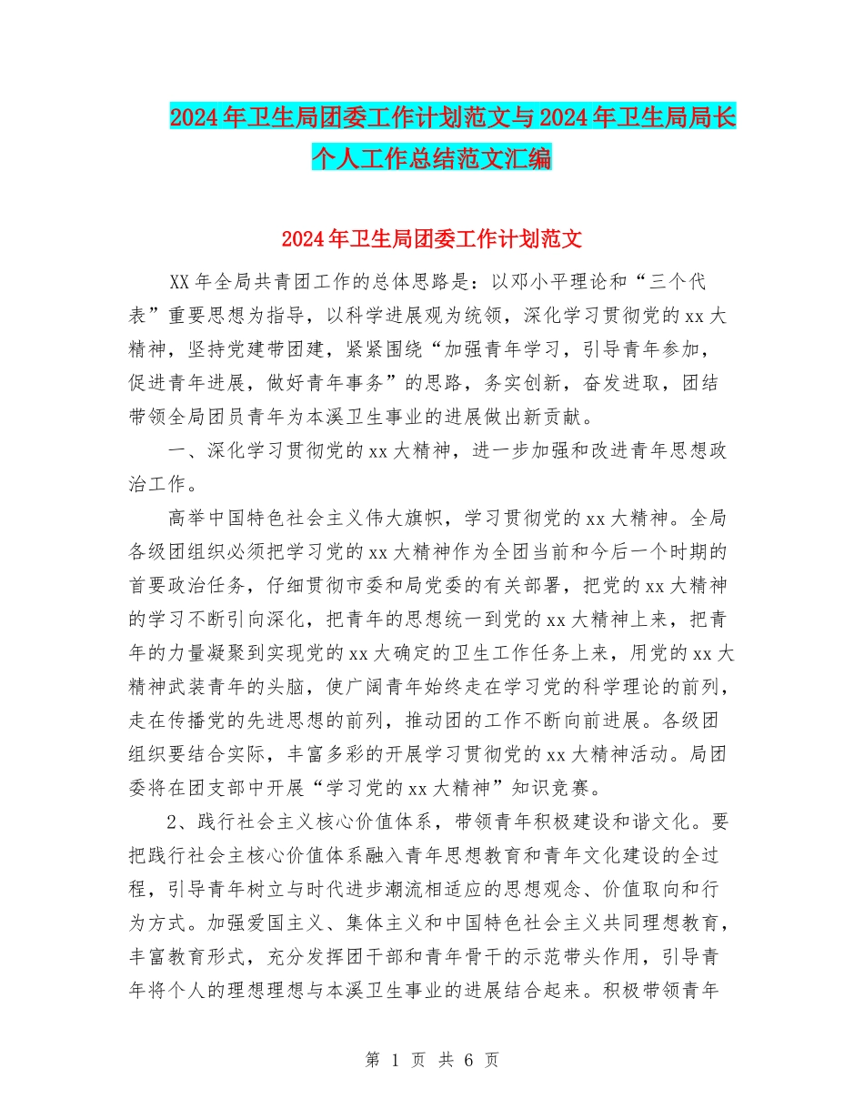 2024年卫生局团委工作计划范文与2024年卫生局局长个人工作总结范文汇编_第1页