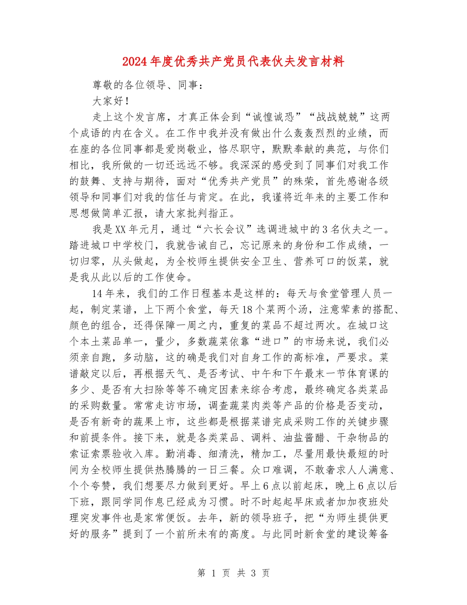 2024年度优秀共产党员代表伙夫发言材料_第1页