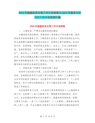2024年基建处党支部工作计划表格与2024年基本公共卫生工作计划范例汇编