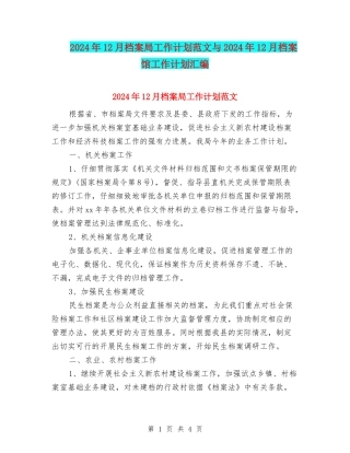 2024年12月档案局工作计划范文与2024年12月档案馆工作计划汇编