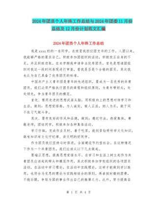 2024年团员个人年终工作总结与2024年团委11月份总结及12月份计划范文汇编
