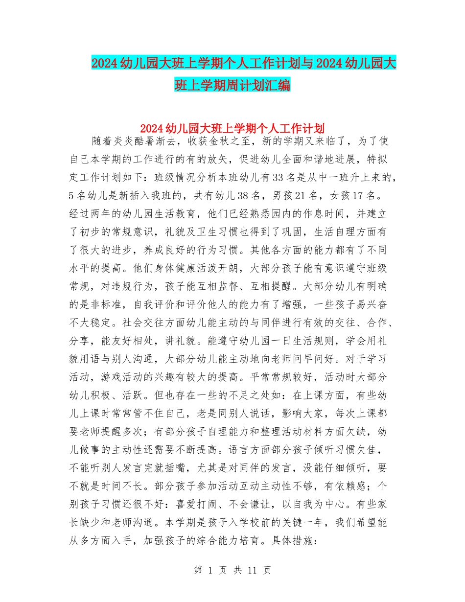 2024幼儿园大班上学期个人工作计划与2024幼儿园大班上学期周计划汇编_第1页
