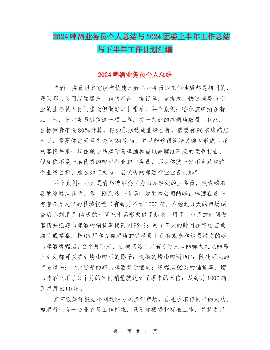 2024啤酒业务员个人总结与2024团委上半年工作总结与下半年工作计划汇编_第1页