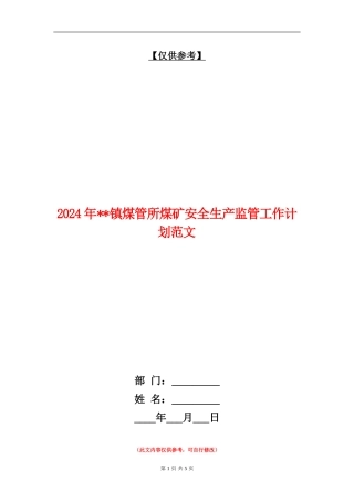 2024年镇煤管所煤矿安全生产监管工作计划范文
