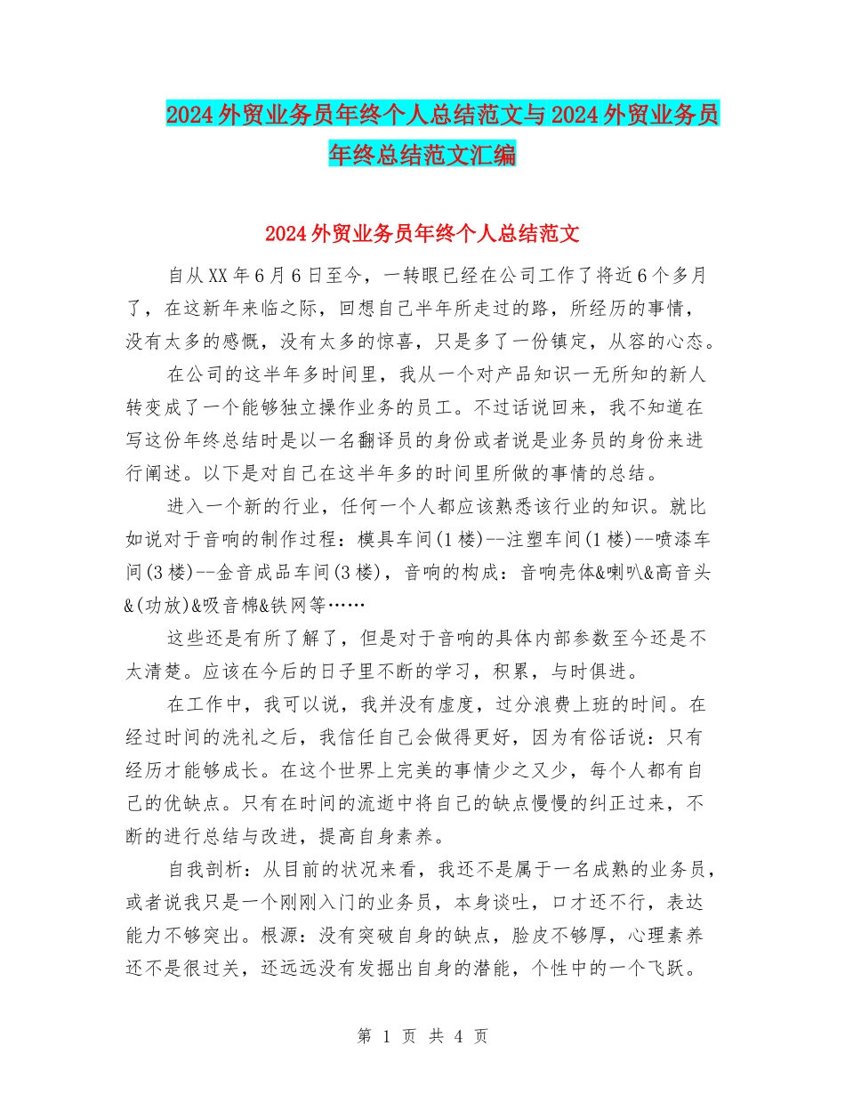 2024外贸业务员年终个人总结范文与2024外贸业务员年终总结范文汇编_第1页