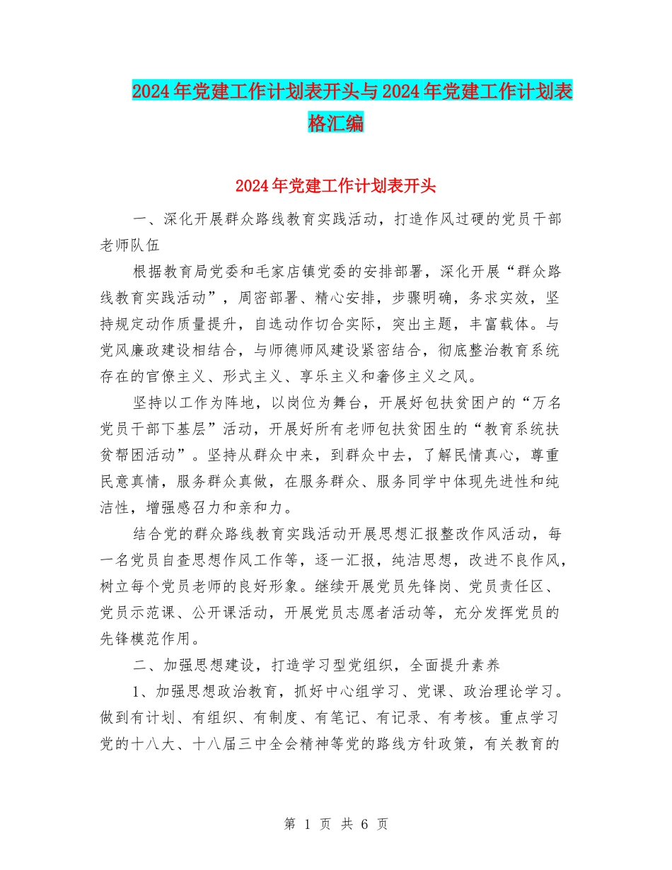 2024年党建工作计划表开头与2024年党建工作计划表格汇编_第1页