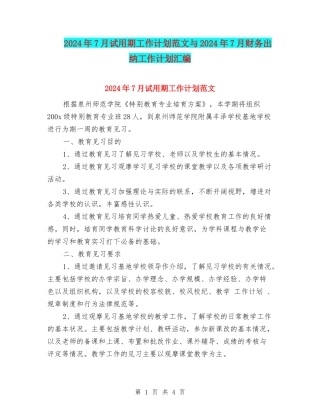 2024年7月试用期工作计划范文与2024年7月财务出纳工作计划汇编