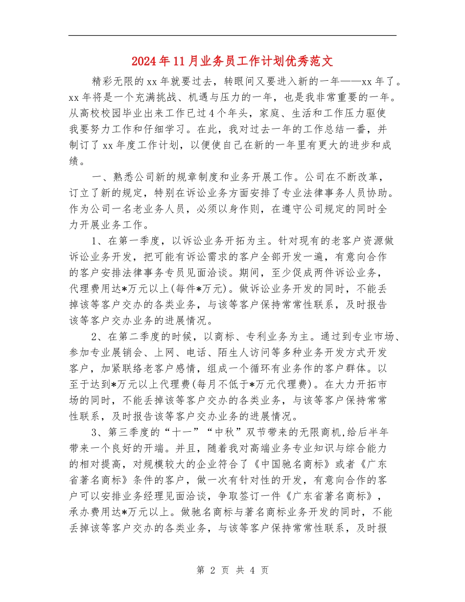 2024年11月业务员工作计划优秀范文_第2页