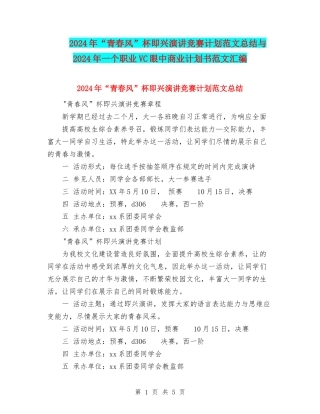 2024年“青春风”杯即兴演讲比赛计划范文总结与2024年一个职业VC眼中商业计划书范文汇编