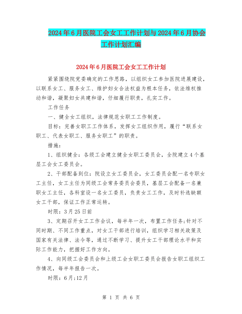 2024年6月医院工会女工工作计划与2024年6月协会工作计划汇编_第1页