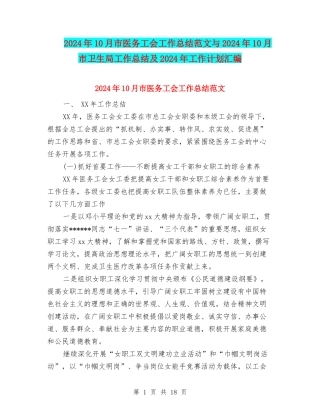2024年10月市医务工会工作总结范文与2024年10月市卫生局工作总结及2024年工作计划汇编