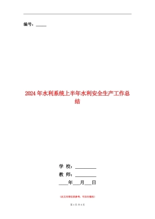 2024年水利系统上半年水利安全生产工作总结