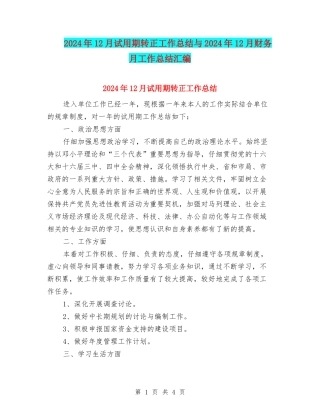 2024年12月试用期转正工作总结与2024年12月财务月工作总结汇编