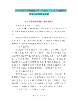 2024年度优秀经济师工作计划范文与2024年度优质护理工作安排范文汇编