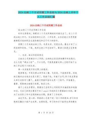 2024出纳三个月试用期工作总结与2024出纳上半年个人工作总结汇编