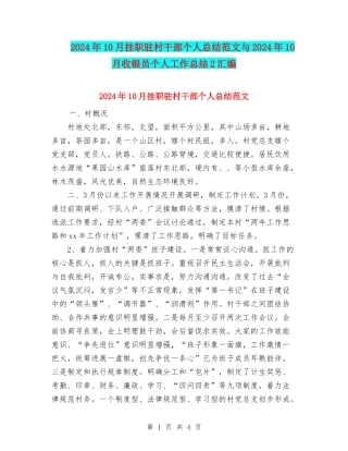 2024年10月挂职驻村干部个人总结范文与2024年10月收银员个人工作总结2汇编