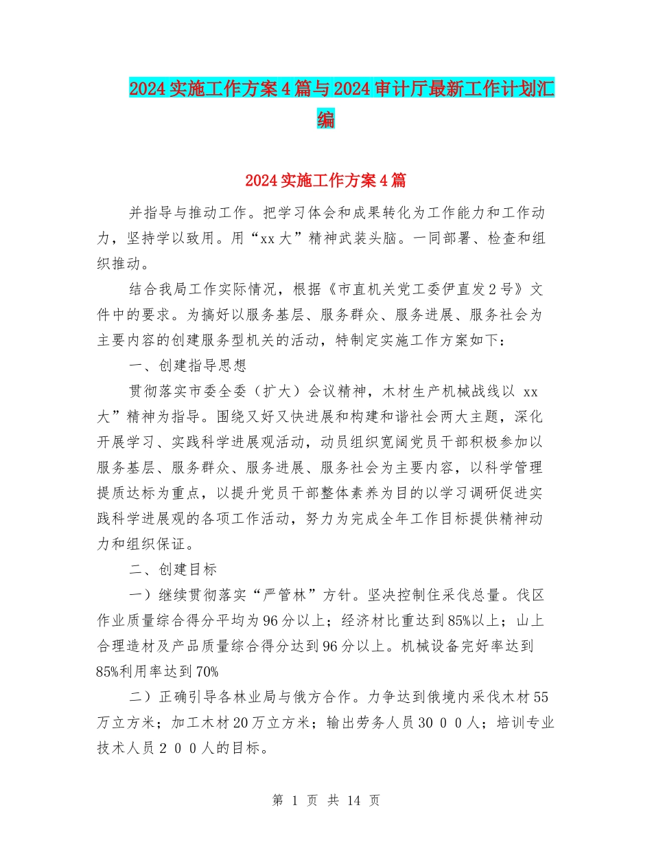 2024实施工作方案4篇与2024审计厅最新工作计划汇编_第1页