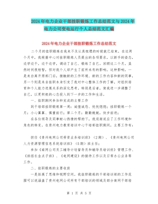 2024年电力企业干部挂职锻炼工作总结范文与2024年电力公司变电运行个人总结范文汇编