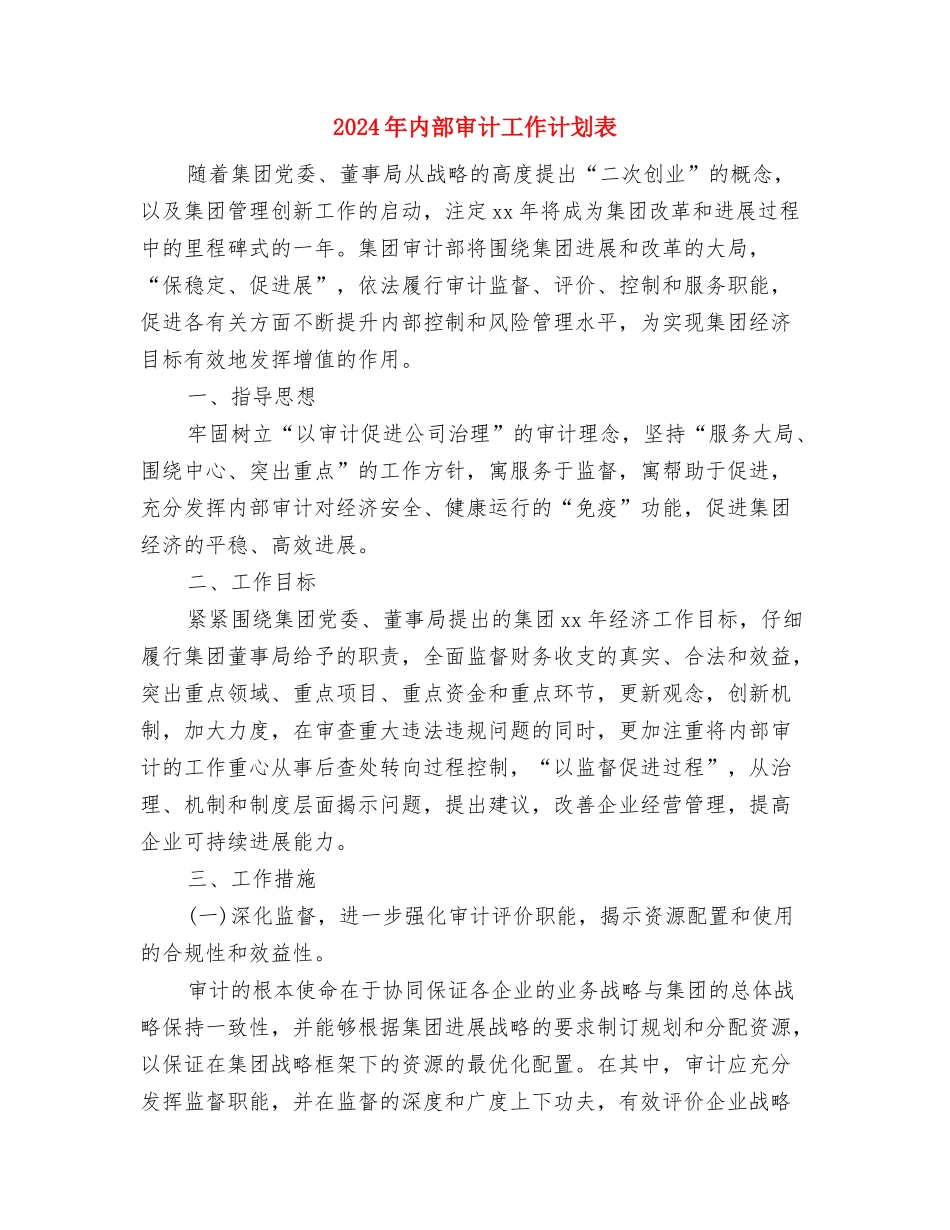 2024年内部审计工作计划范本1与2024年内部审计工作计划表汇编_第3页