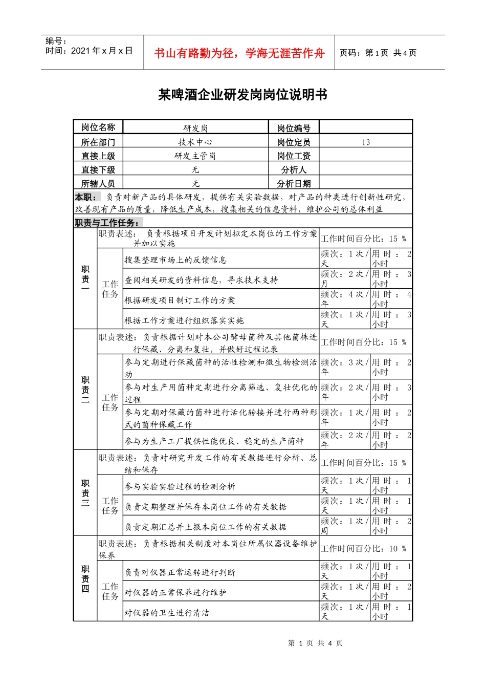 某啤酒企业研发岗岗位说明书_第1页