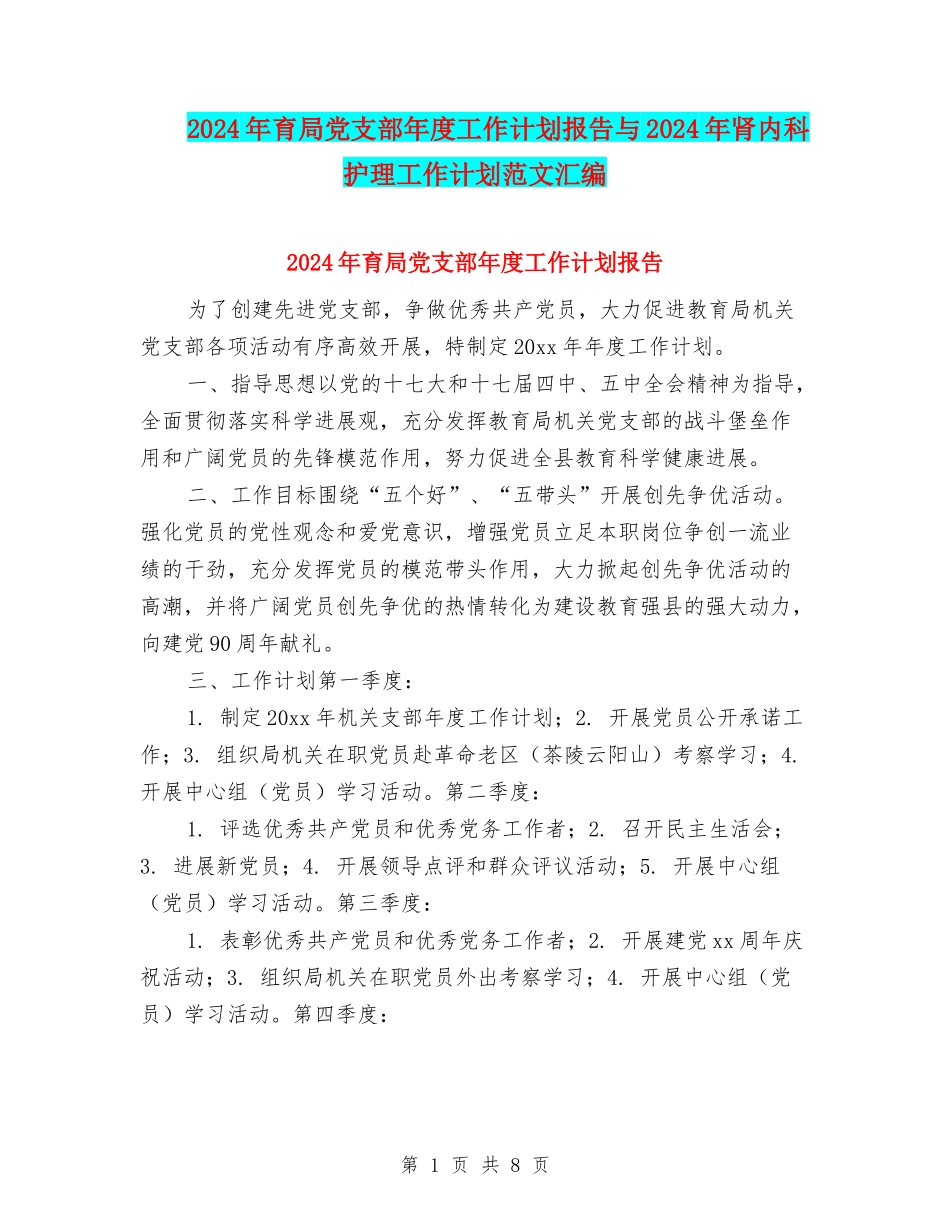 2024年育局党支部年度工作计划报告与2024年肾内科护理工作计划范文汇编_第1页