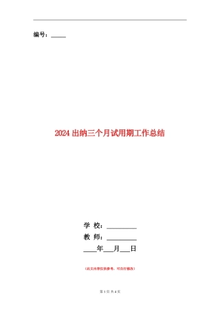 2024出纳三个月试用期工作总结