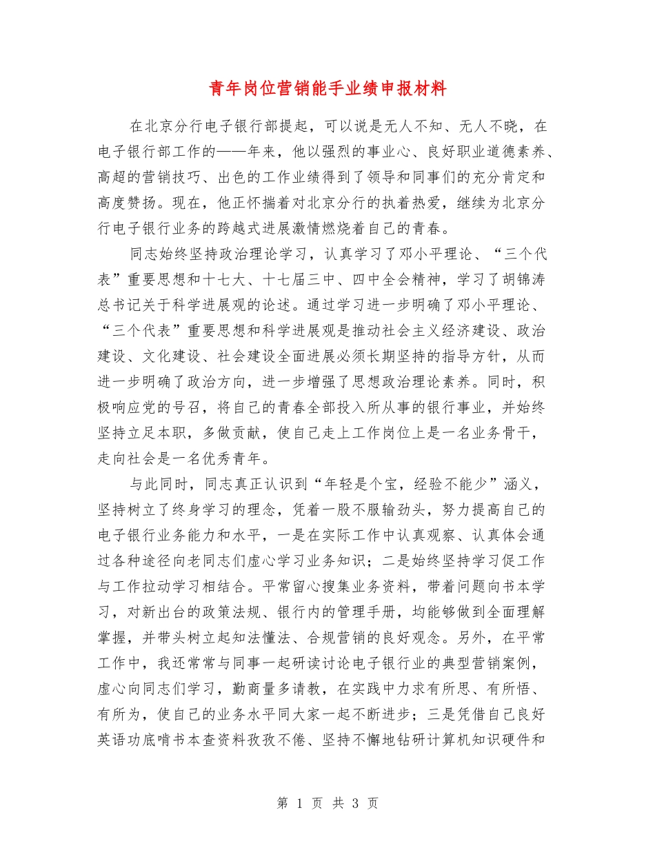 青年岗位营销能手业绩申报材料_第1页