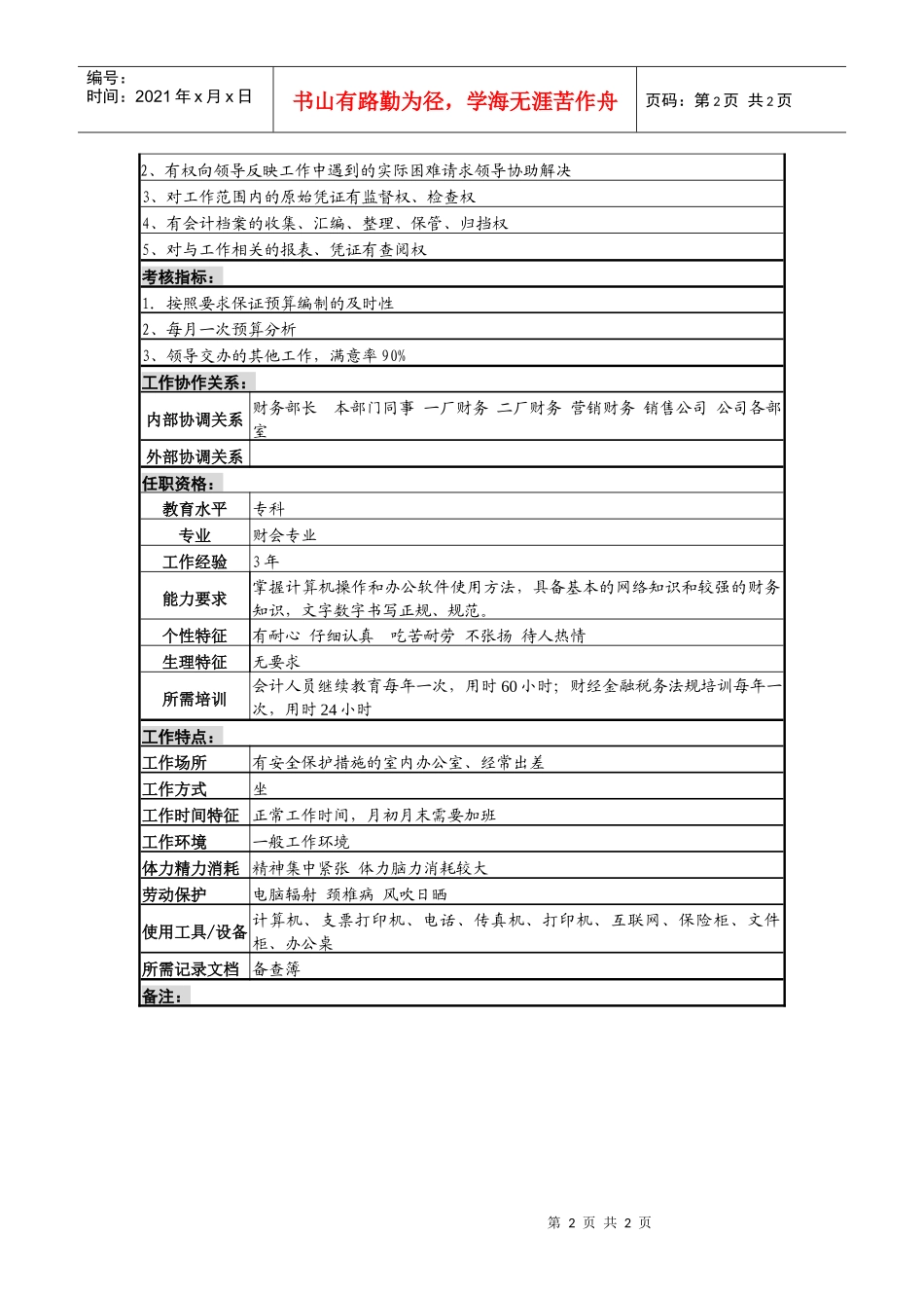 某啤酒企业预算管理岗位说明书_第2页