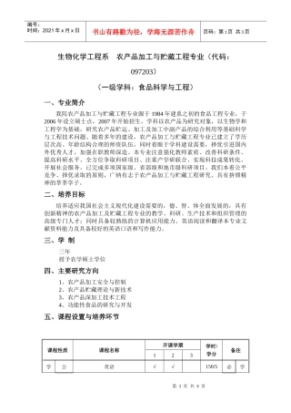 生物化学工程系农产品加工与贮藏工程专业（代码：097203）