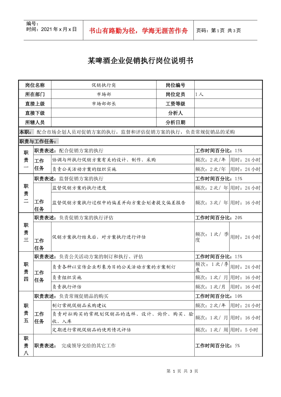 某啤酒企业促销执行岗位说明书_第1页