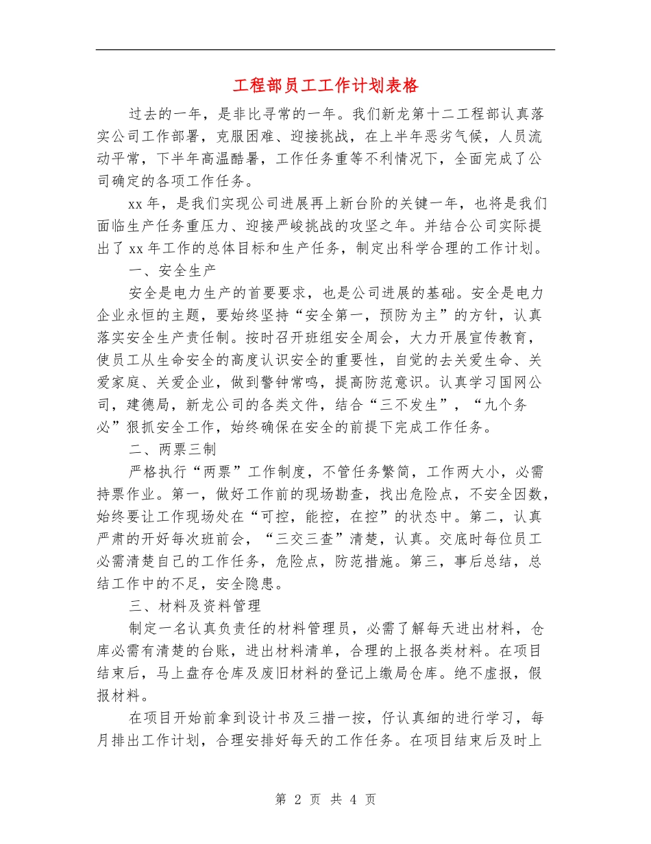 工程部员工工作计划表格_第2页