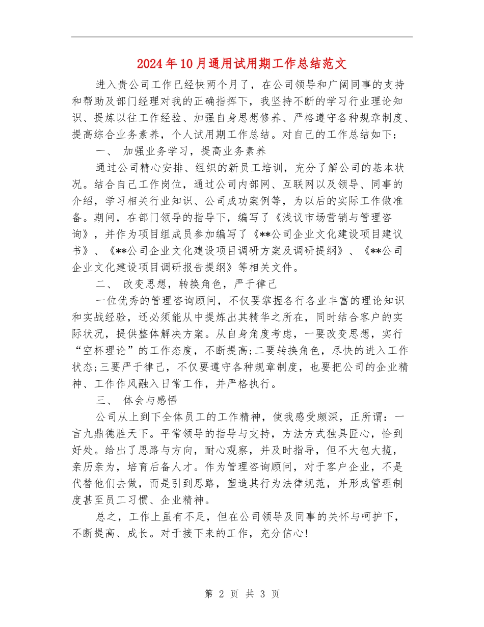 2024年10月通用试用期工作总结范文_第2页