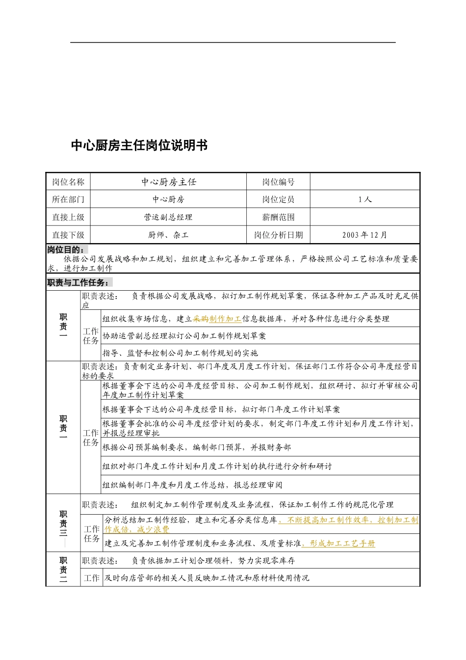 某餐饮企业中心厨房主任岗位说明书(doc)_第1页