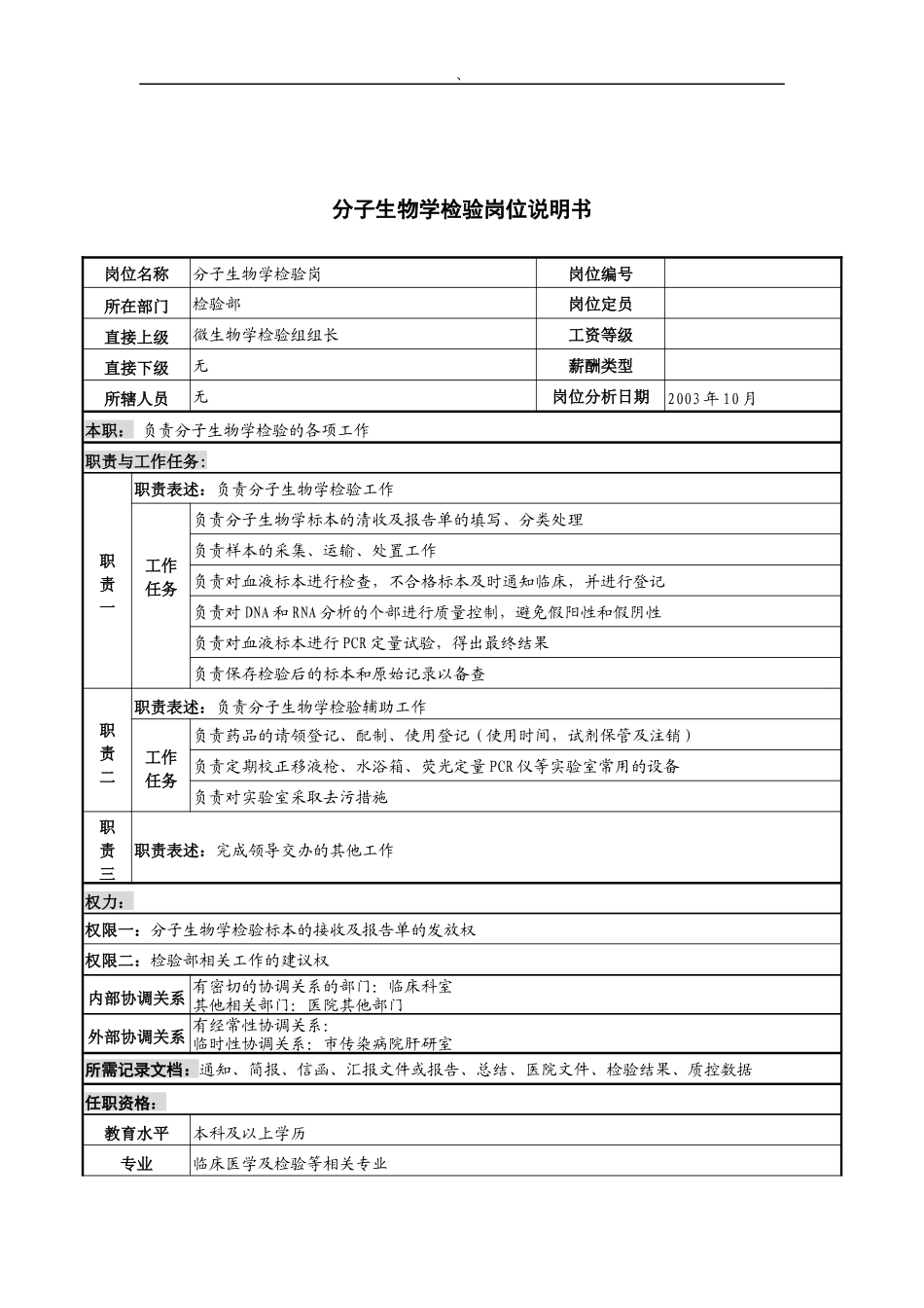 湖北新华医院检验部分子生物学检验岗位说明书_第1页