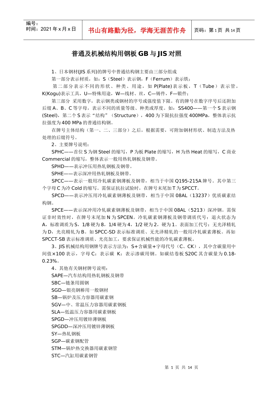 普通及机械结构用钢板GB与JIS对照_第1页