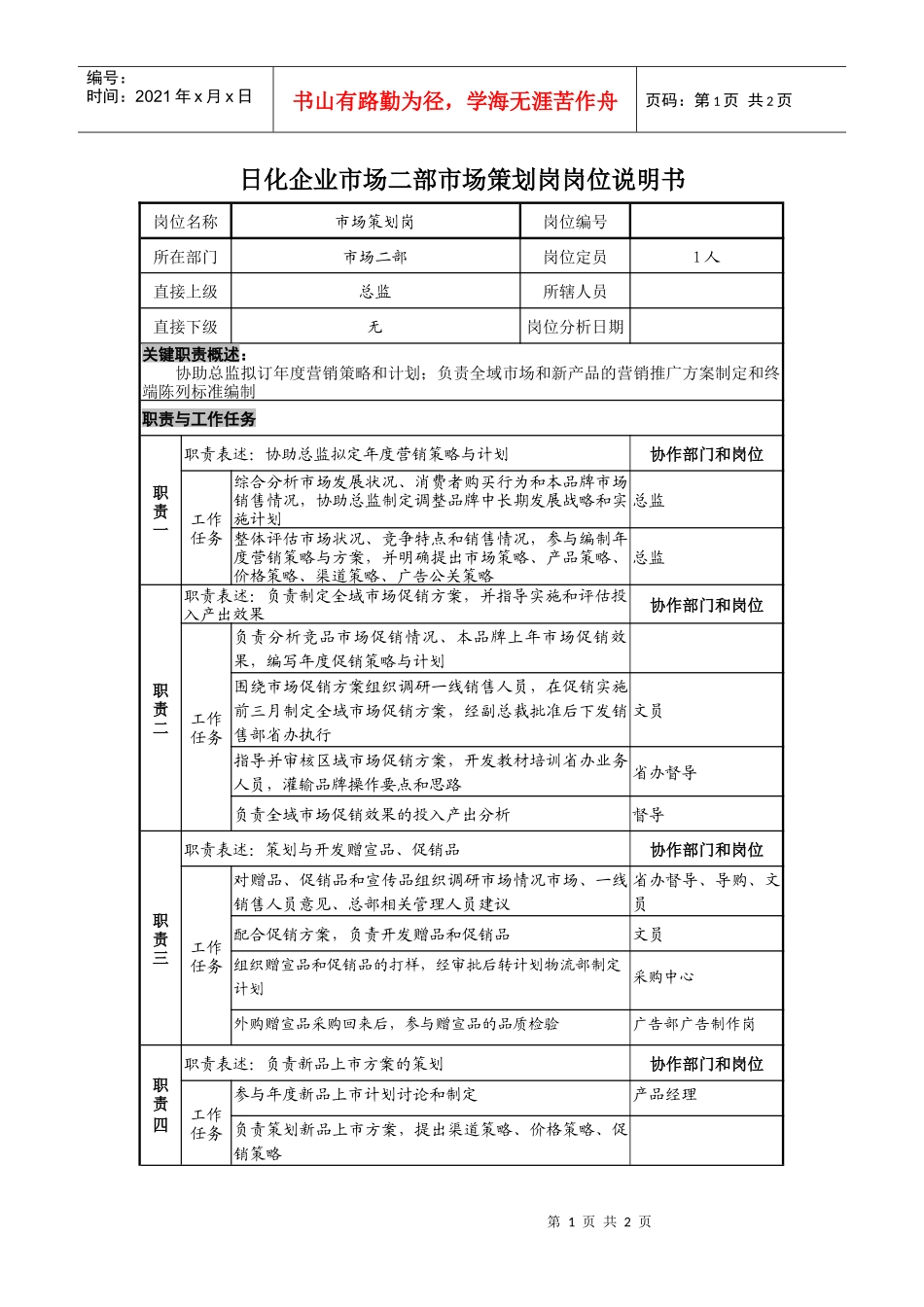 日化企业市场二部市场策划岗岗位说明书_第1页