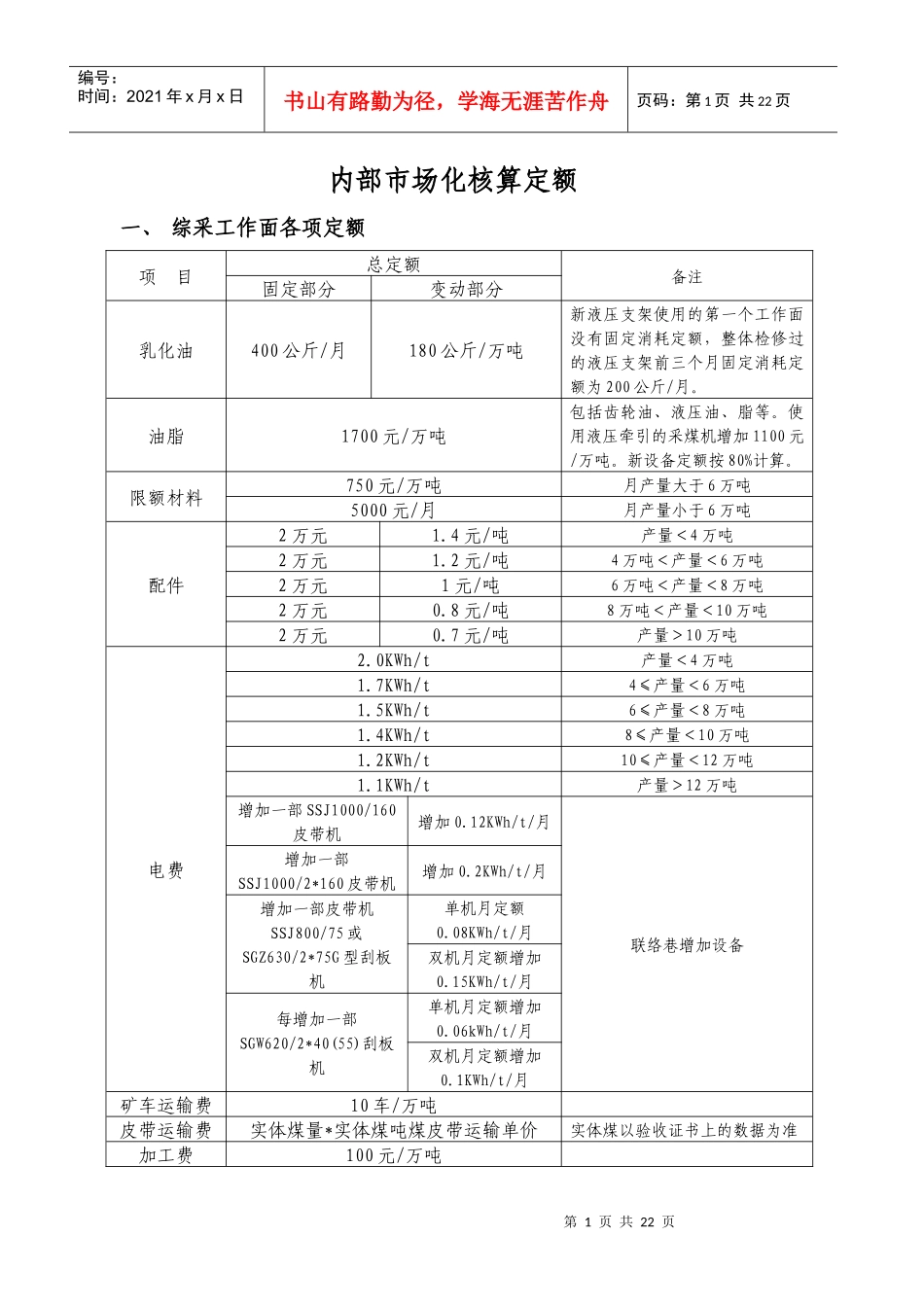 煤矿内部市场化核算定额修订_第1页